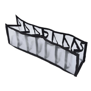 Mesh Bras Storage Box, a black nylon mesh drawer organiser with seven open compartments and reinforced fabric edging