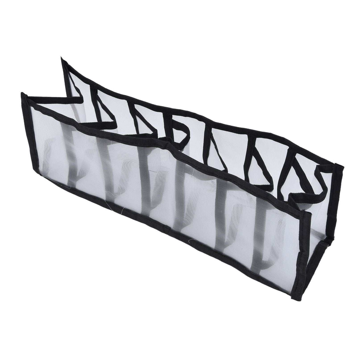 Mesh Bras Storage Box, a black nylon mesh drawer organiser with seven open compartments and reinforced fabric edging