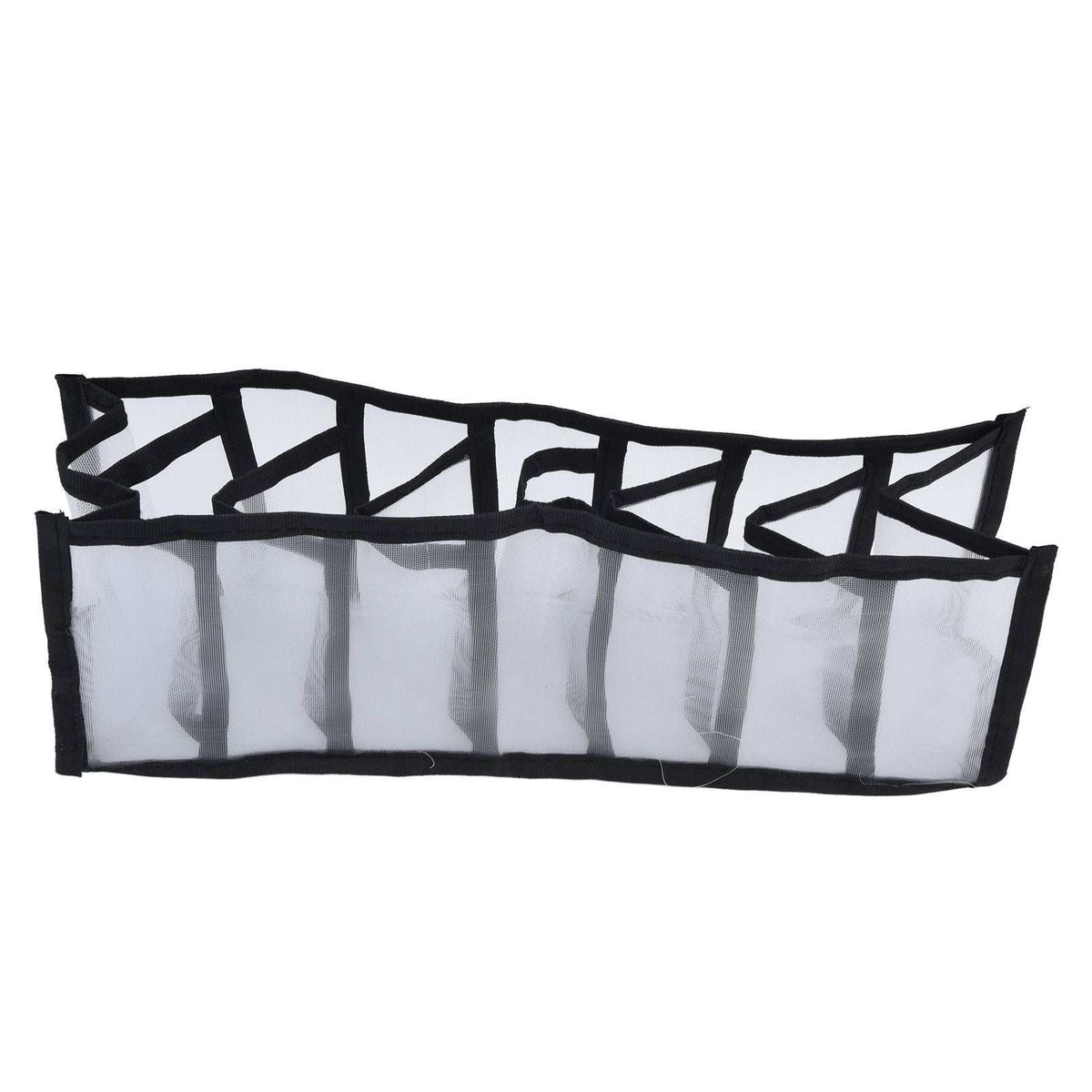 Mesh Bras Storage Box in black-edged translucent nylon mesh, with seven divided compartments and a foldable design