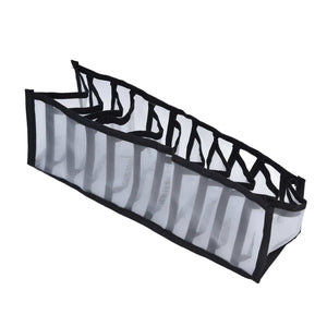 Mesh Bras Storage Box, a long grey nylon mesh drawer organiser with black trim and multiple open divided compartments.