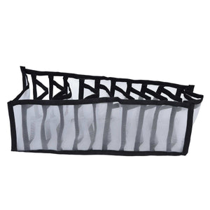 Mesh Bras Storage Box in translucent grey nylon mesh with black trim and multiple divided compartments for organising bras and underwear