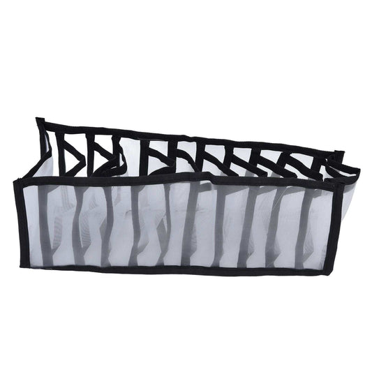 Mesh Bras Storage Box in translucent grey nylon mesh with black trim and multiple divided compartments for organising bras and underwear