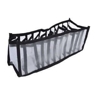 Mesh Bras Storage Box, a long black-trimmed grey mesh drawer organiser with multiple open compartments and foldable sides