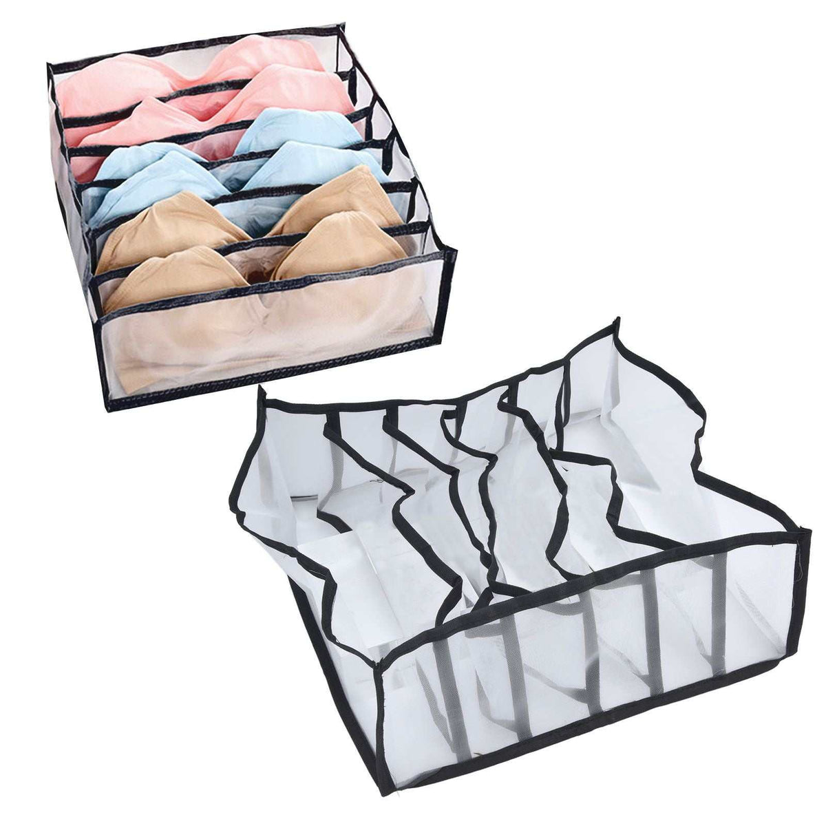 Mesh Bras Storage Box with six black-edged nylon mesh compartments, shown holding pastel bras and folded flat when empty