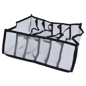 Mesh Bras Storage Box with six divided compartments, made from translucent white mesh with black edging and foldable sides