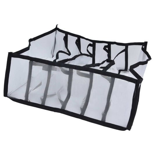 Mesh Bras Storage Box with six divided compartments, made from translucent white mesh with black edging and foldable sides