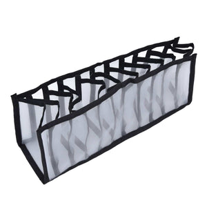 Mesh Bras Storage Box in translucent white nylon mesh with black edging and 11 open compartments for drawer organisation