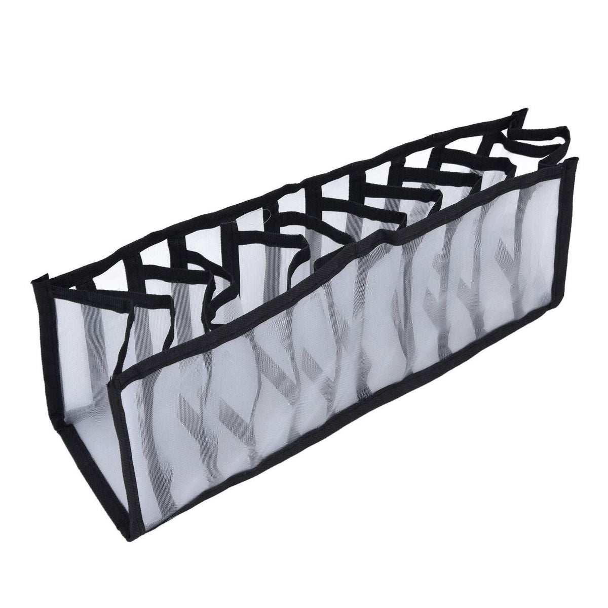 Mesh Bras Storage Box in translucent white nylon mesh with black edging and 11 open compartments for drawer organisation