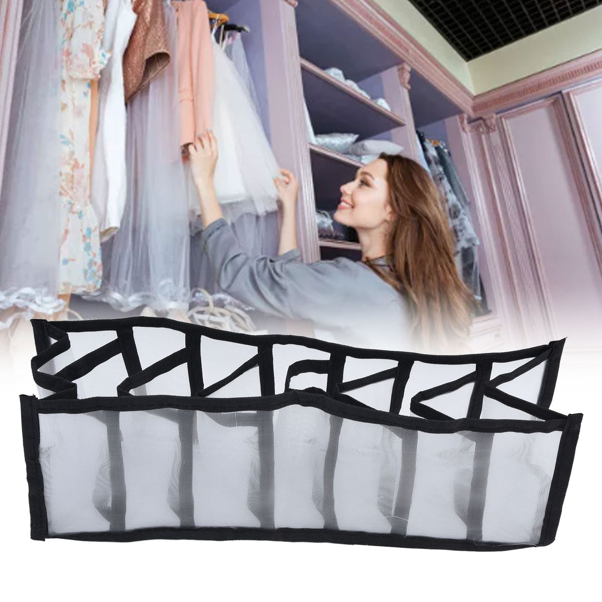 Mesh Bras Storage Box, a white foldable mesh drawer divider with black trim and seven spacious compartments.