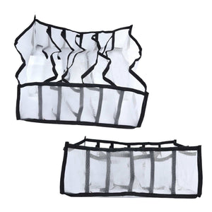 Mesh Bras Storage Box, white foldable nylon organiser with black edging and six divided compartments for lingerie