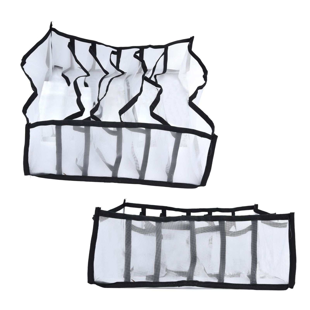 Mesh Bras Storage Box, white foldable nylon organiser with black edging and six divided compartments for lingerie