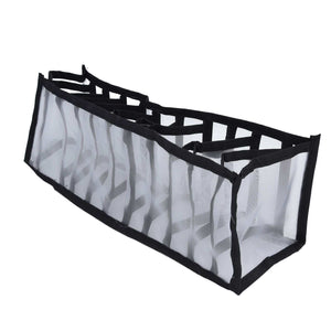 Mesh Bras Storage Box in translucent white nylon mesh with black edging, featuring multiple upright divider compartments and a foldable frame