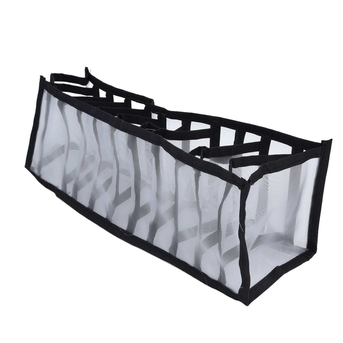 Mesh Bras Storage Box in translucent white nylon mesh with black edging, featuring multiple upright divider compartments and a foldable frame
