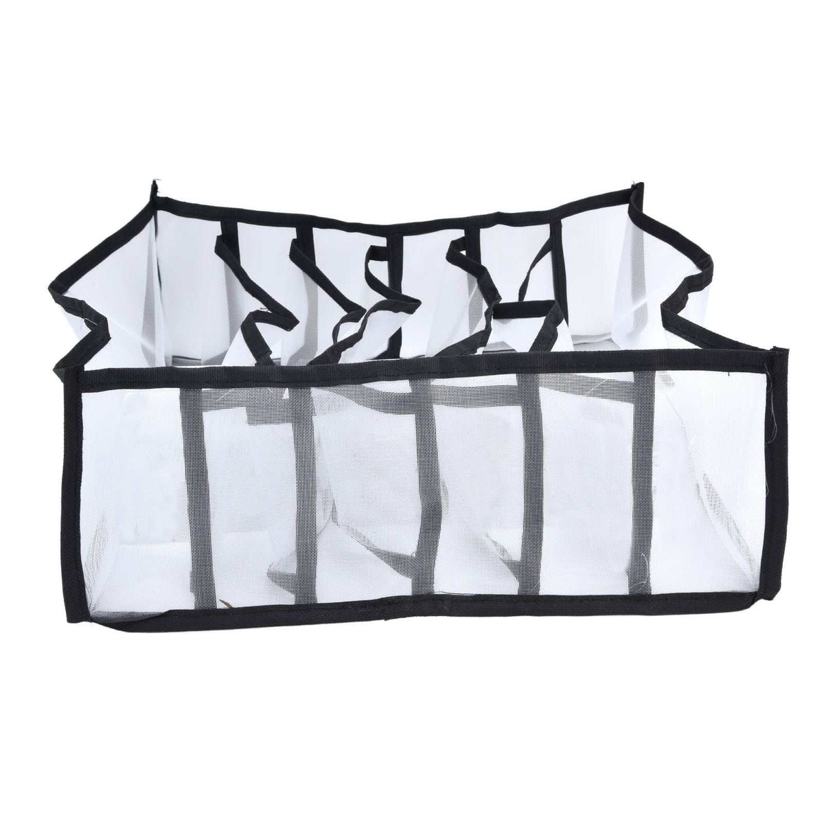 Mesh Bras Storage Box in white mesh with black edging and six divided compartments, featuring a foldable design