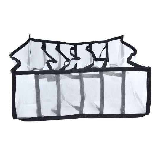 Mesh Bras Storage Box in white mesh with black edging and six divided compartments, featuring a foldable design