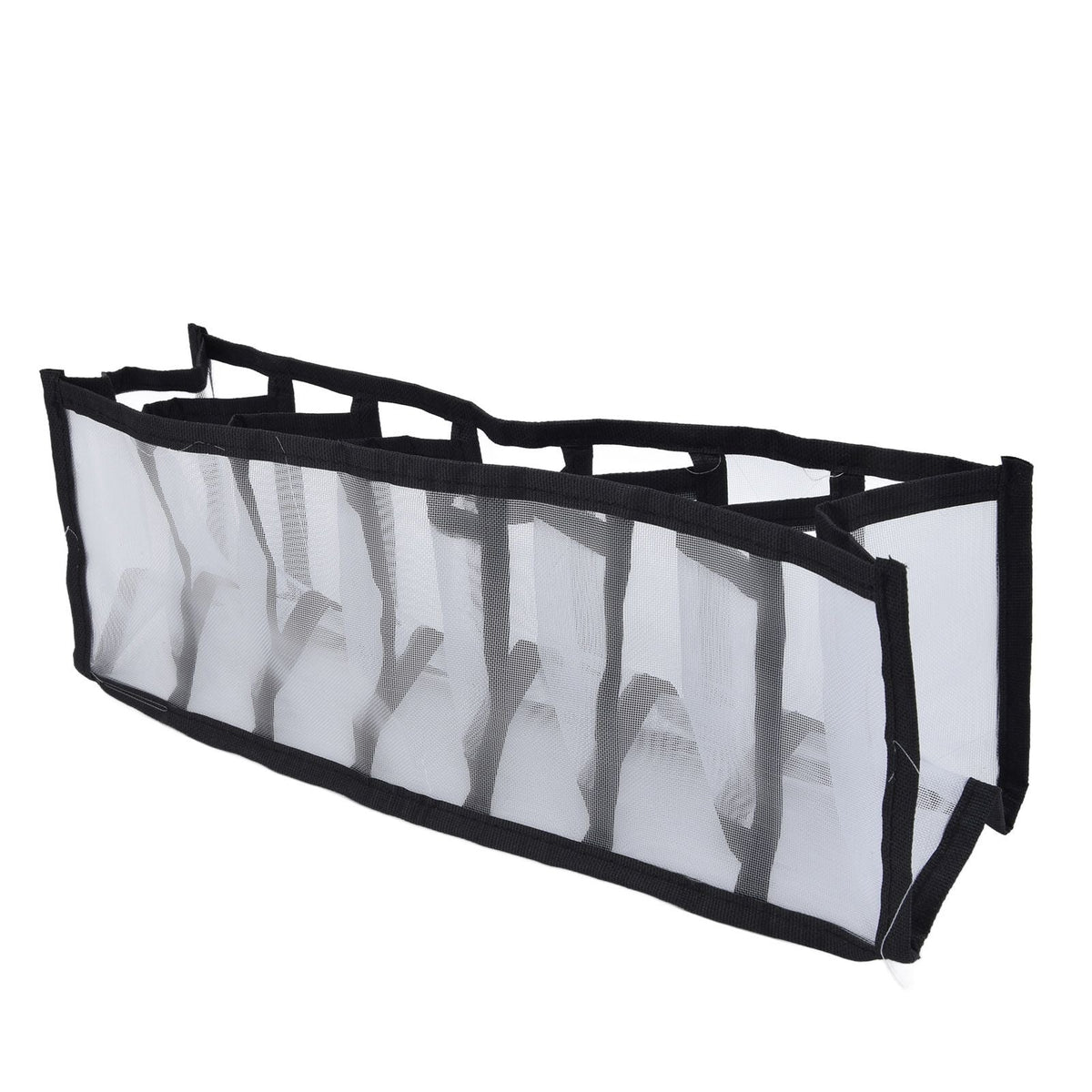 Mesh Bras Storage Box in translucent white mesh with black trim and multiple upright dividers forming seven compartments