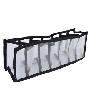 Mesh Bras Storage Box in translucent white nylon mesh with black trim, featuring seven compartments and a foldable design