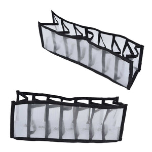 Mesh Bras Storage Box in sheer white nylon mesh with black trim, featuring seven open compartments and a foldable design