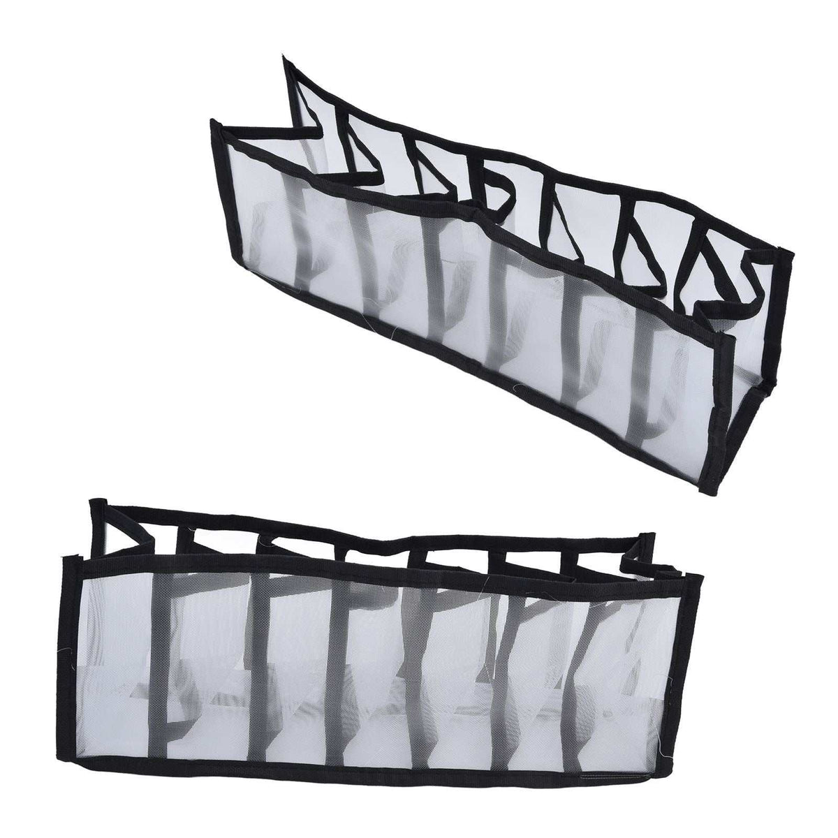 Mesh Bras Storage Box in sheer white nylon mesh with black trim, featuring seven open compartments and a foldable design