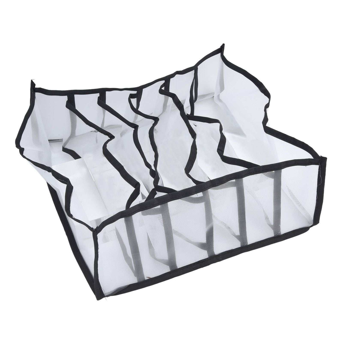 Mesh Bras Storage Box with translucent white mesh, black edging and six divided compartments in a foldable design