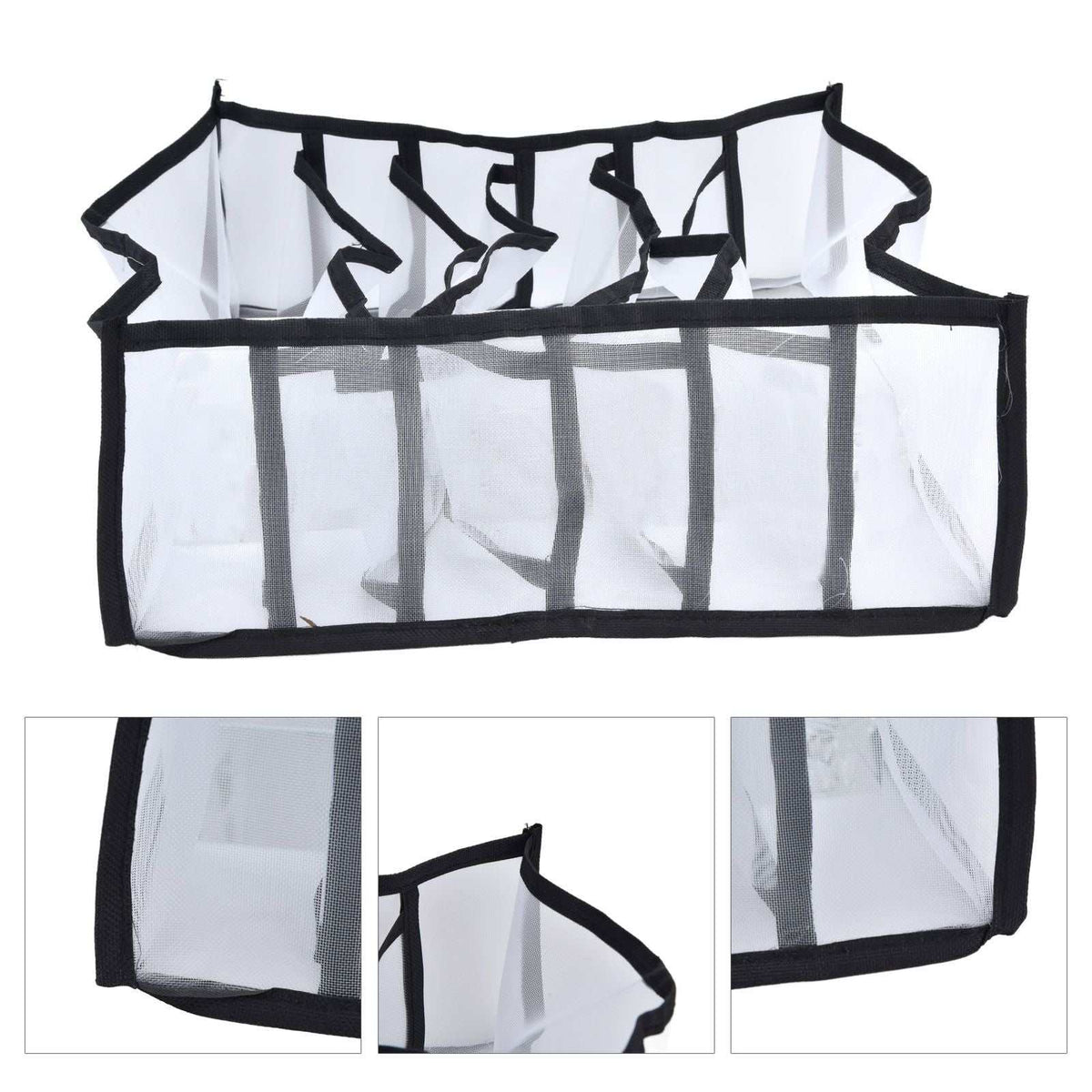 Mesh Bras Storage Box in white nylon mesh with black trim, six divided compartments and a foldable design