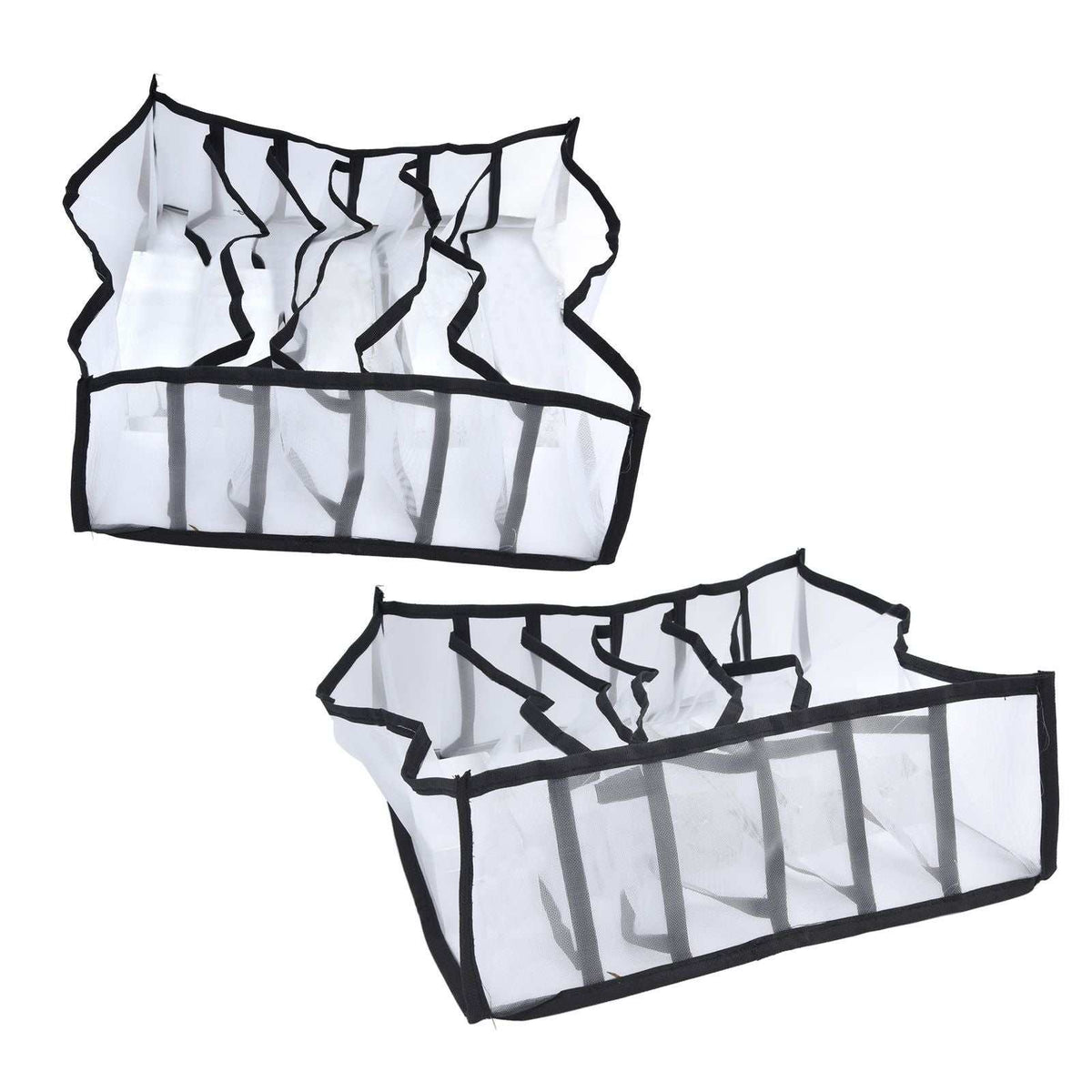 Mesh Bras Storage Box with white nylon mesh compartments, black trim and six divided sections in a foldable design