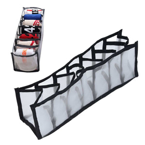 Mesh Bras Storage Box in translucent white nylon mesh with black trim, featuring seven divided cells and foldable sides.