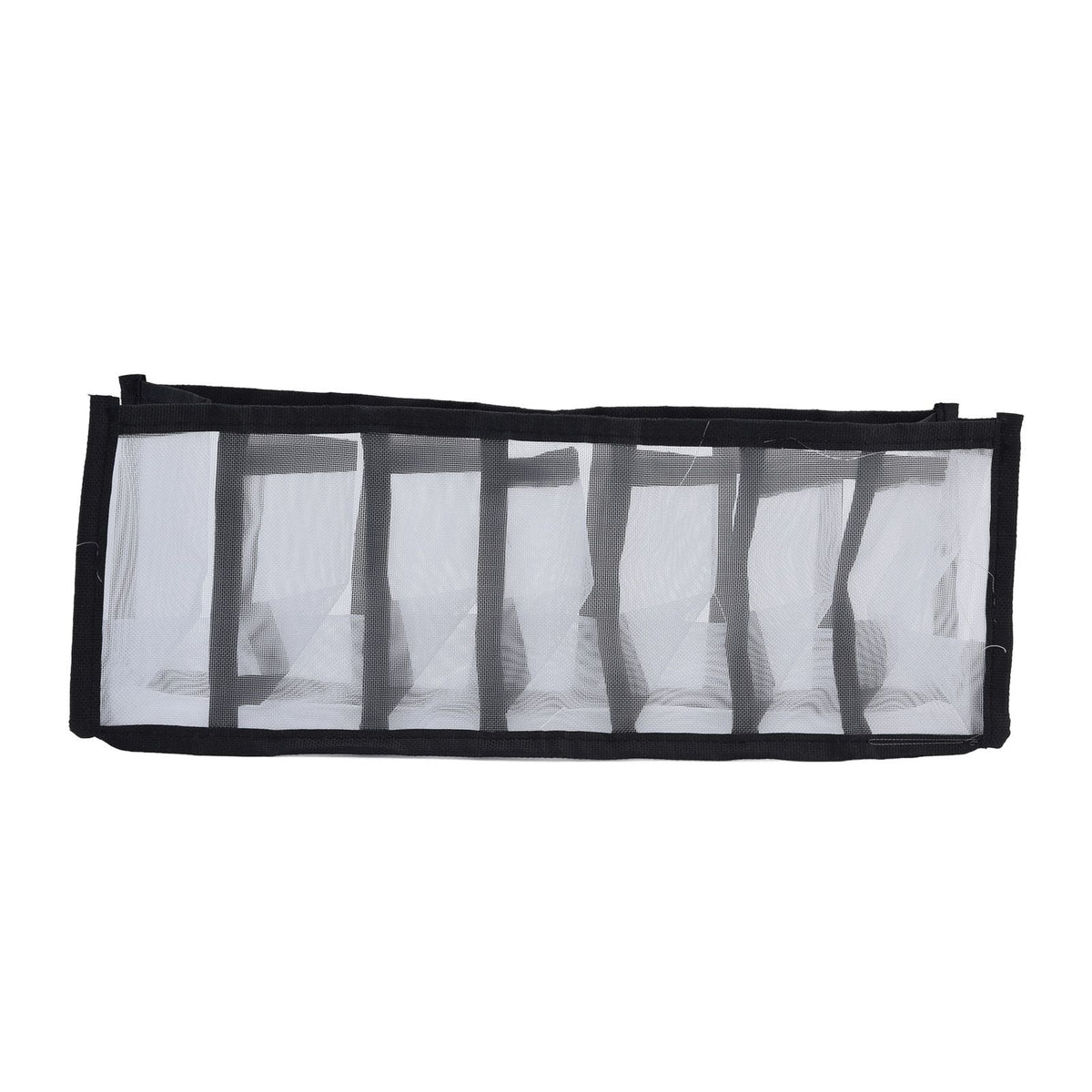 Mesh Bras Storage Box, a white nylon mesh drawer divider with black edging and seven narrow compartments.