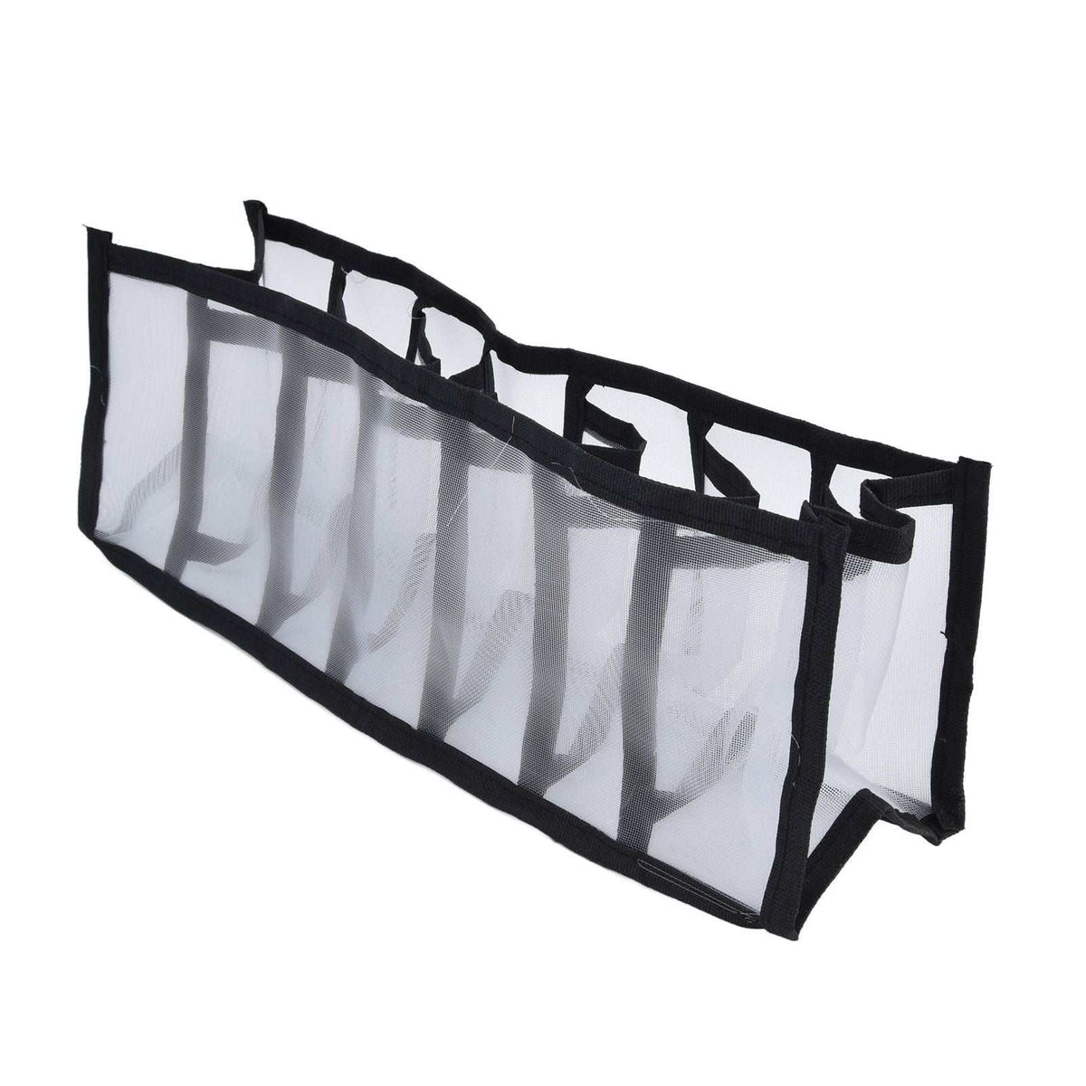 Mesh Bras Storage Box, a white translucent nylon mesh organiser with black trim and seven divided cells.