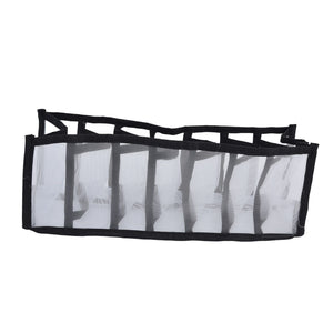 Mesh Bras Storage Box in translucent white nylon mesh with black edging, featuring seven divided storage compartments and handles