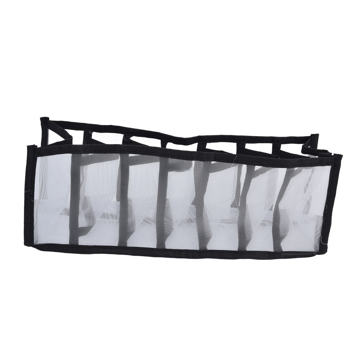 Mesh Bras Storage Box in translucent white nylon mesh with black edging, featuring seven divided storage compartments and handles