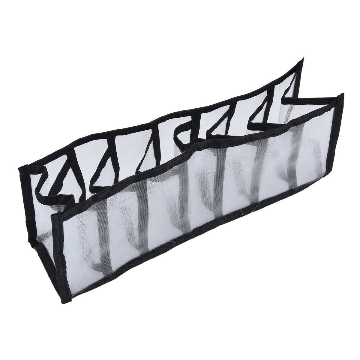 Mesh Bras Storage Box in white nylon mesh with black trim, featuring seven open divided compartments and foldable sides