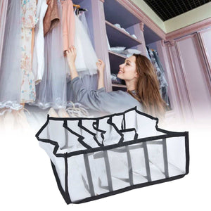 Mesh Bras Storage Box, a rectangular white mesh organiser with black trim and six divided compartments for drawer storage
