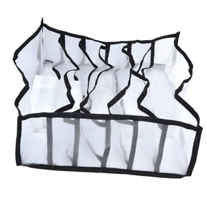 Mesh Bras Storage Box in white nylon mesh with black edging and six divided compartments, shown open and foldable