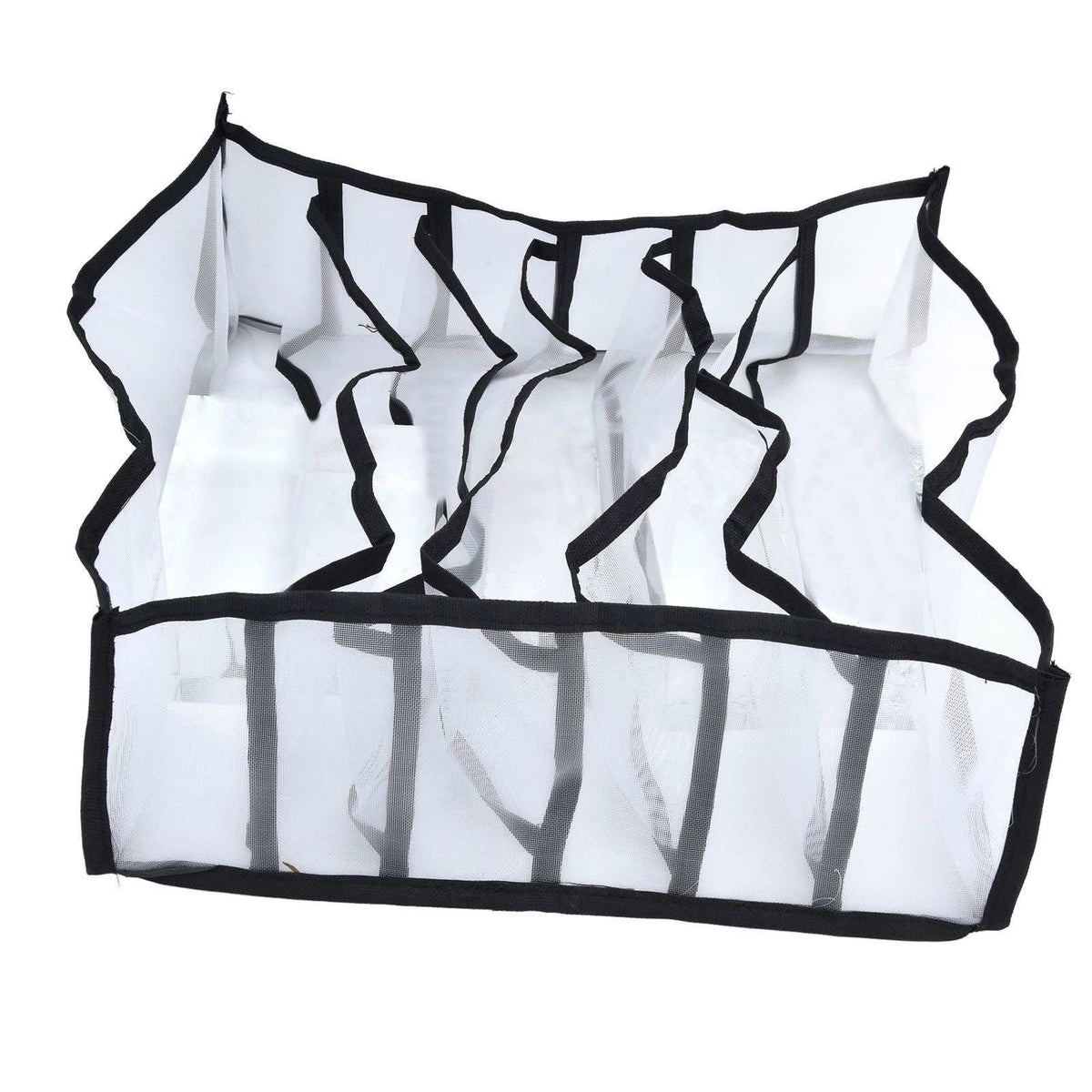 Mesh Bras Storage Box in white nylon mesh with black edging and six divided compartments, shown open and foldable