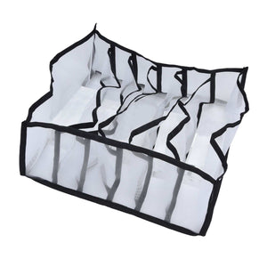 Mesh Bras Storage Box in white breathable mesh with black edging, featuring six divided compartments and a foldable design