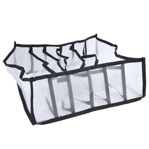 Mesh Bras Storage Box with six white mesh compartments, black trim and foldable nylon divider walls