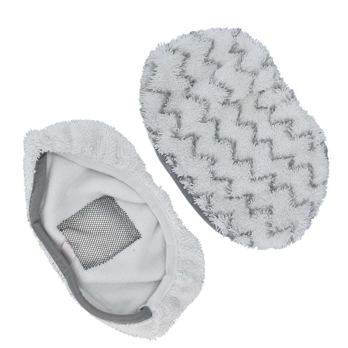 Microfiber Mop Pad two-piece set in soft white microfiber, one with raised gray zigzag stripes and one with a mesh pocket