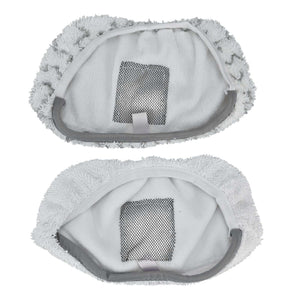 Microfiber Mop Pad set in white microfiber, showing two oval replacement cloths with fluffy fringed edges and mesh centers