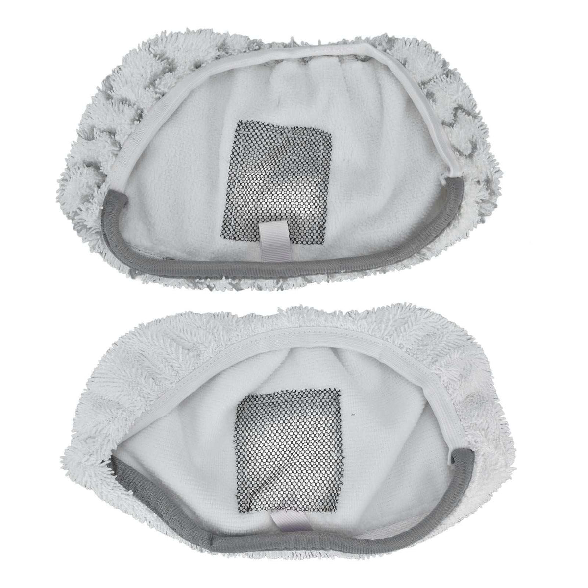 Microfiber Mop Pad set in white microfiber, showing two oval replacement cloths with fluffy fringed edges and mesh centers