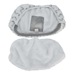 Microfiber Mop Pad set in white microfiber, with a looped fringed pad and a shaped pad featuring mesh backing.