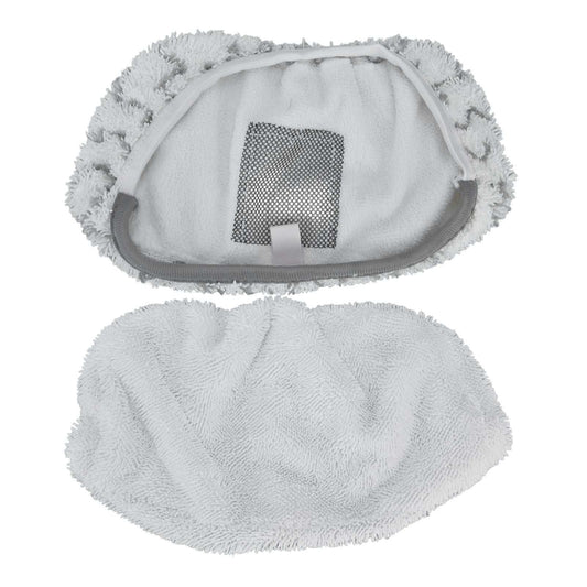 Microfiber Mop Pad set in white microfiber, with a looped fringed pad and a shaped pad featuring mesh backing.