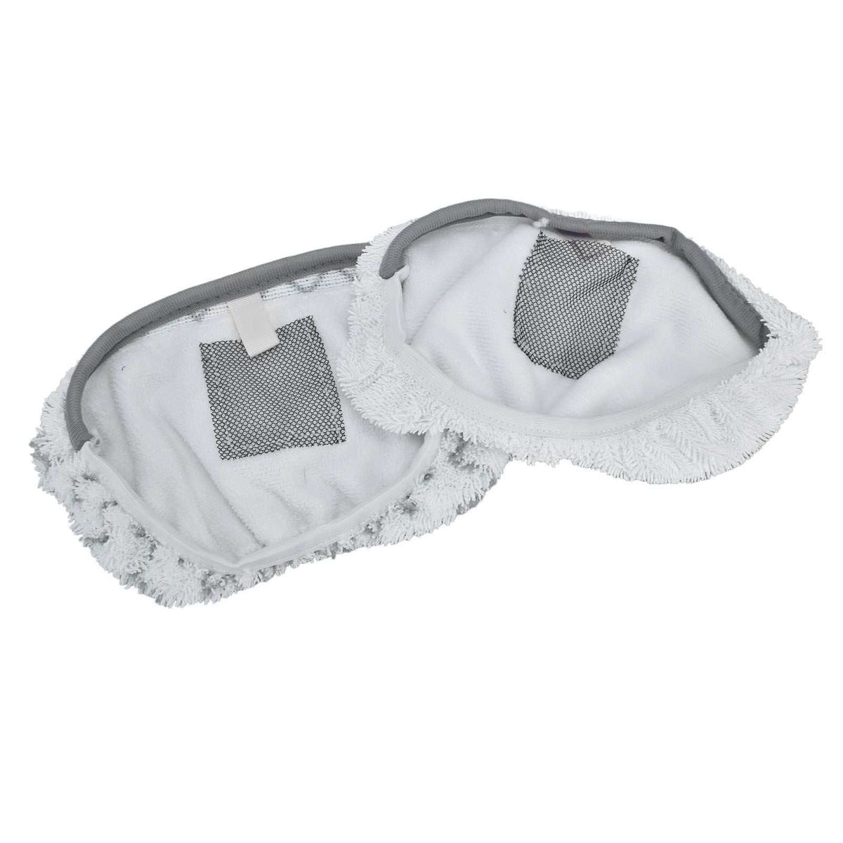 Microfiber Mop Pad set in white microfibre with grey edging, mesh attachment patches and textured fringe