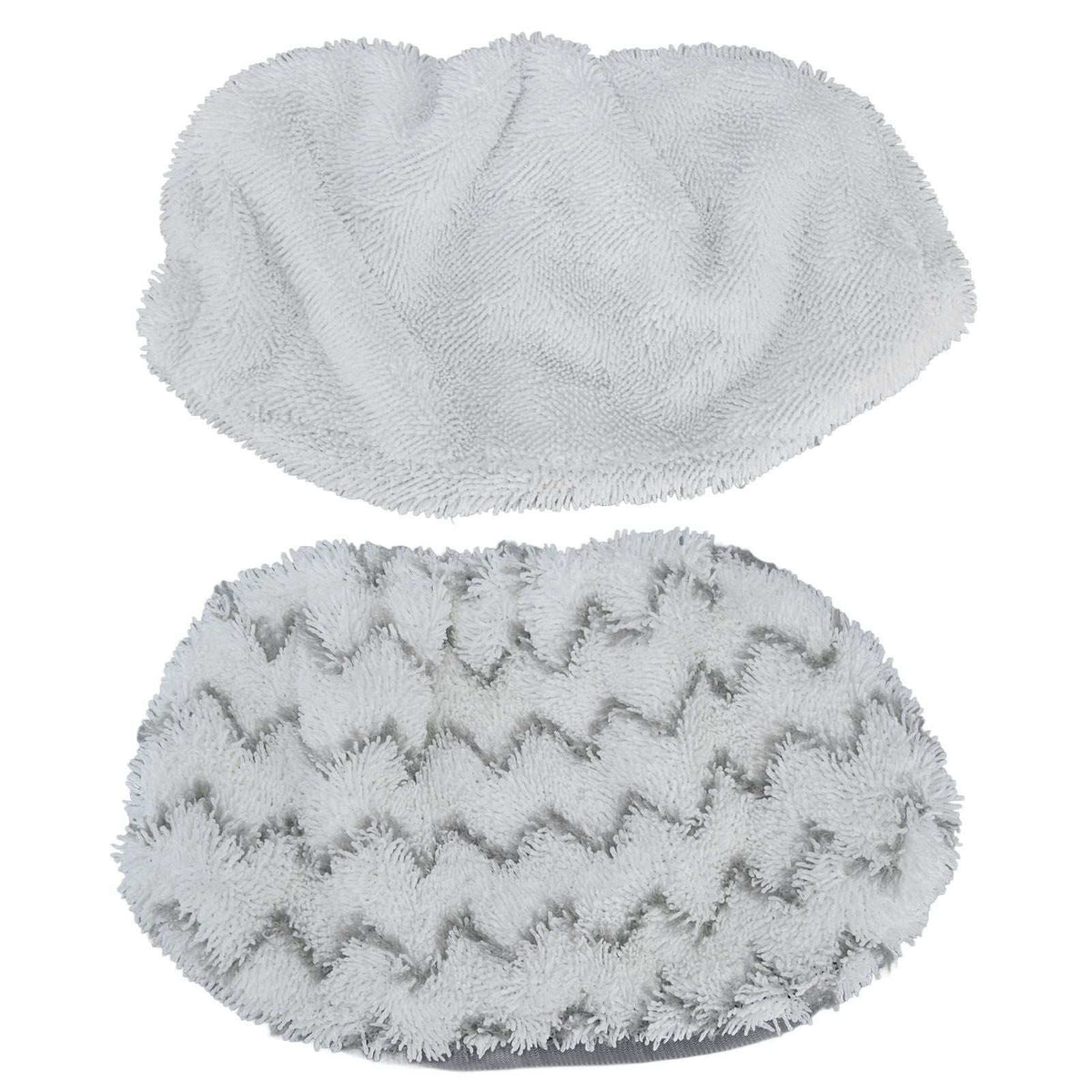 Microfiber Mop Pad set in soft white microfibre, with one plain plush pad and one zigzag-striped pad