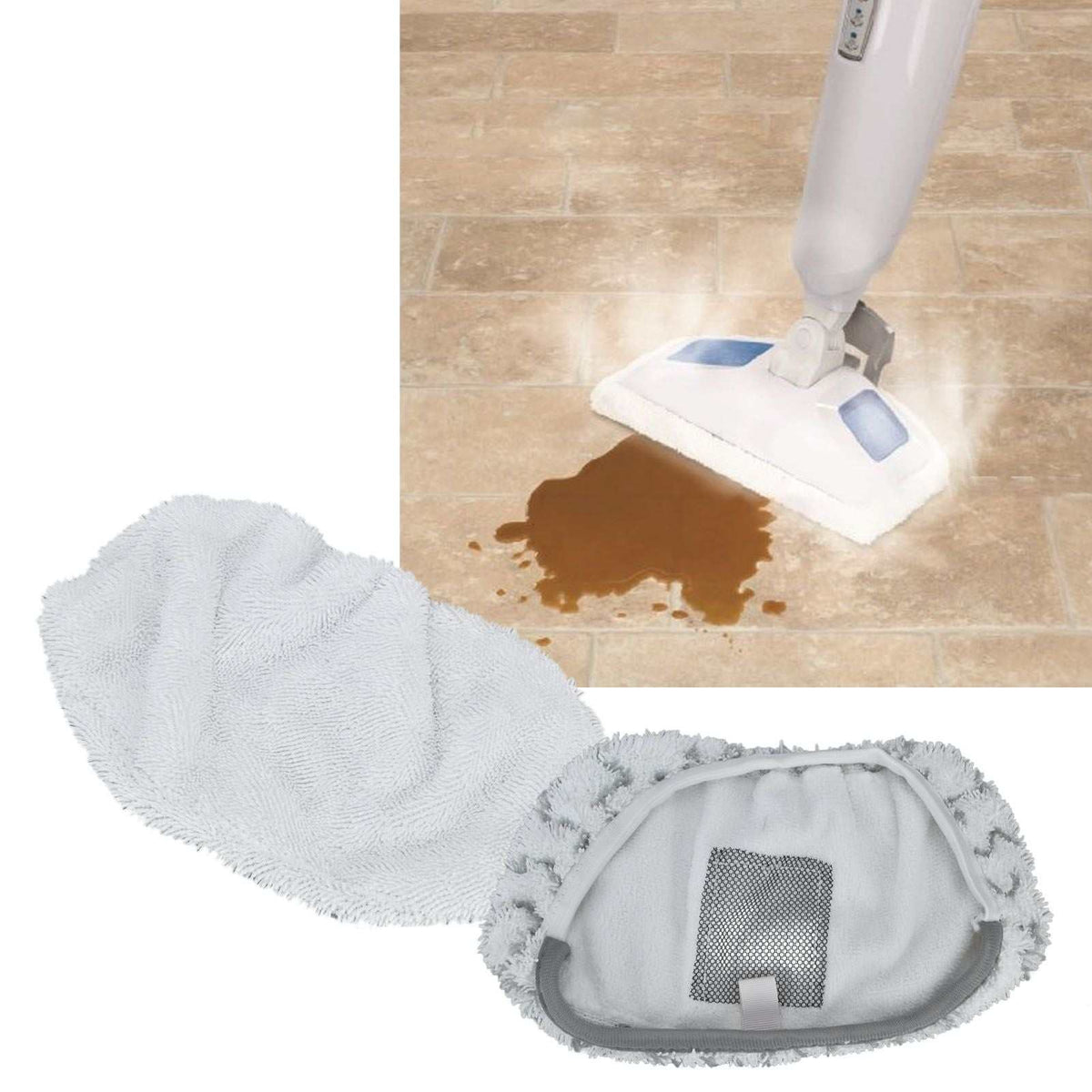 Microfiber Mop Pad replacement set in white with soft textured fabric, gray edging and a visible attachment pocket
