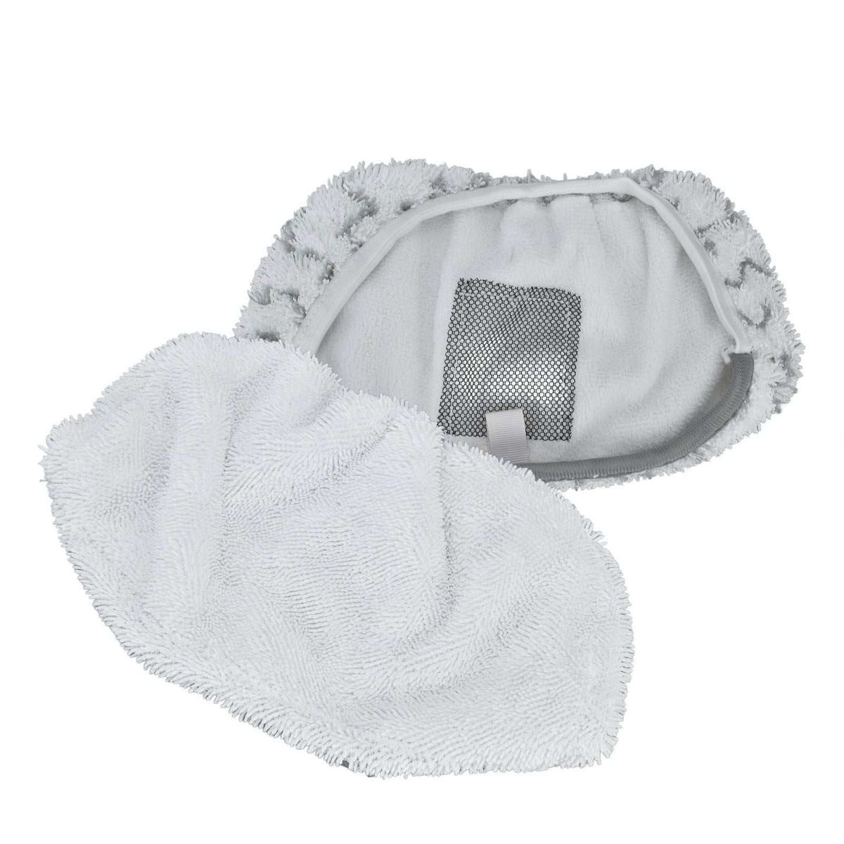 Microfiber Mop Pad set in white textured fabric, showing two oval replacement pads with looped microfiber edges and attachment panels