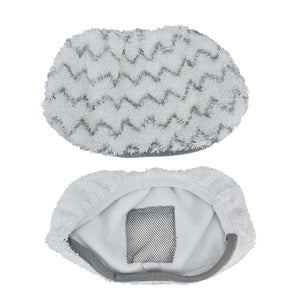 Microfiber Mop Pad pair in white microfiber, one with gray zigzag stripes and one showing its mesh-backed underside