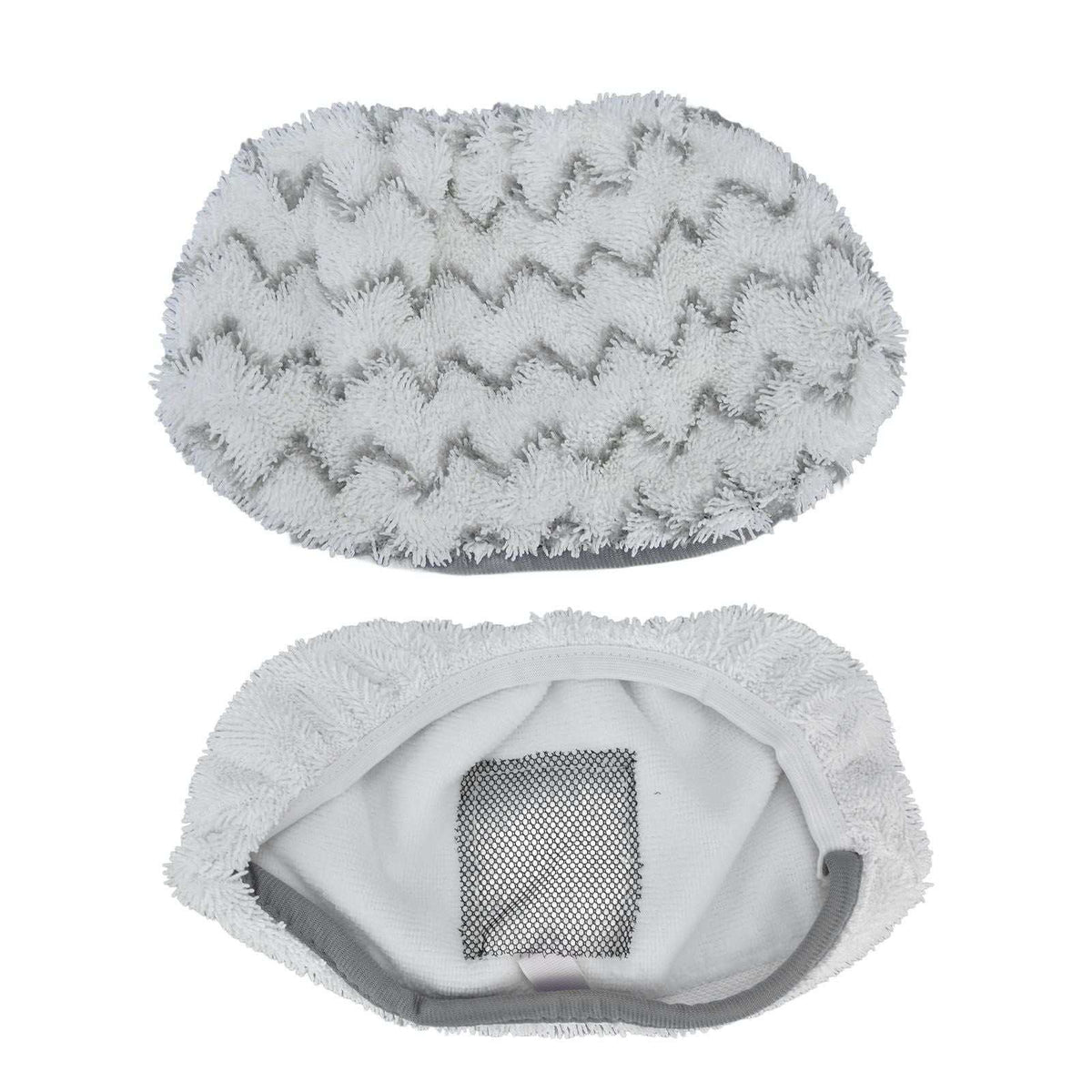 Microfiber Mop Pad pair in white microfiber, one with gray zigzag stripes and one showing its mesh-backed underside