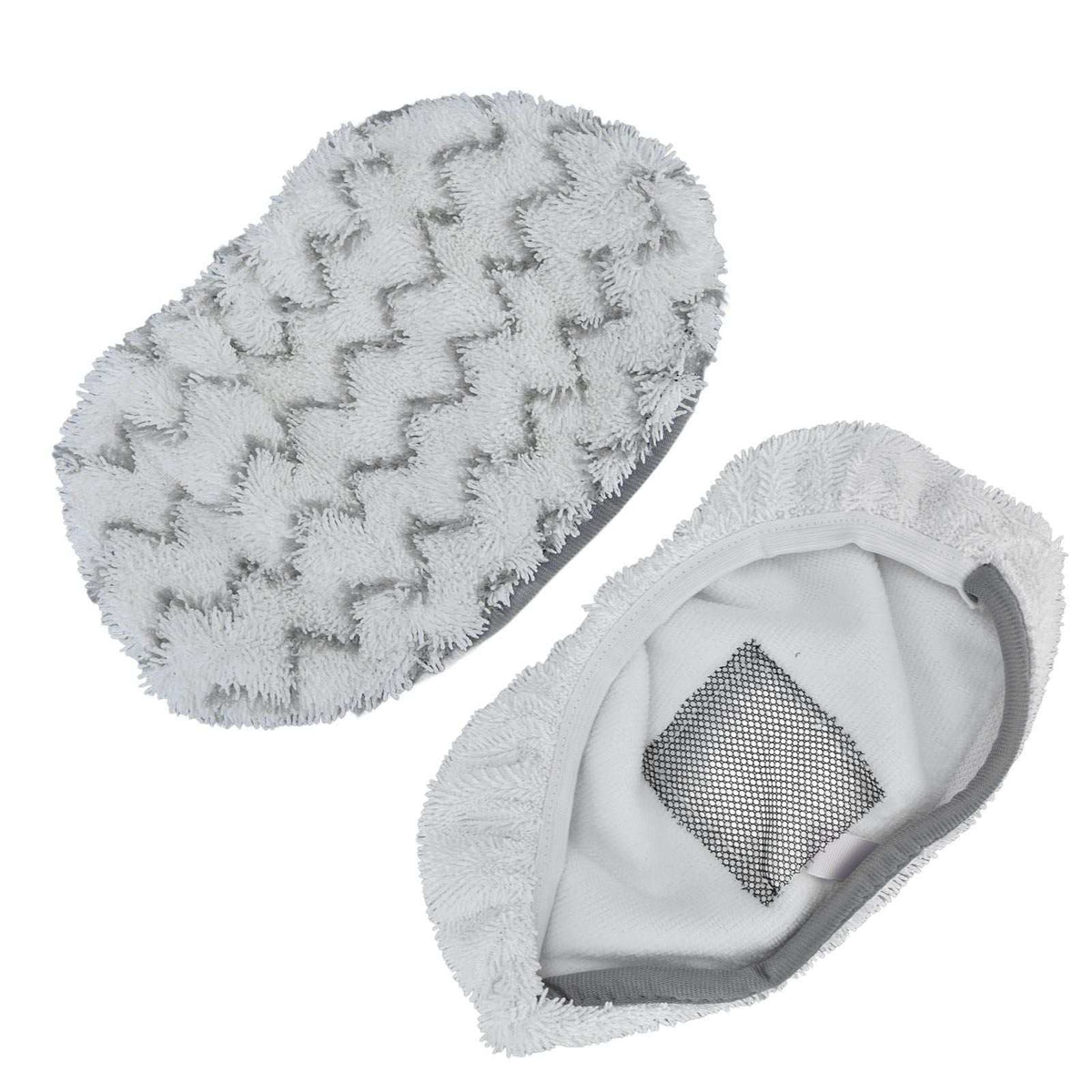Microfiber Mop Pad set in soft white microfiber, with one textured zigzag-patterned cloth and one fitted pad with mesh panel