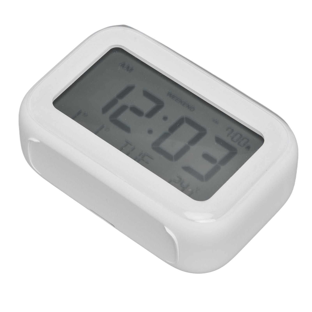 Mini Digital Alarm Clock in a white ABS plastic case with a large grey LCD display and simple rounded shape